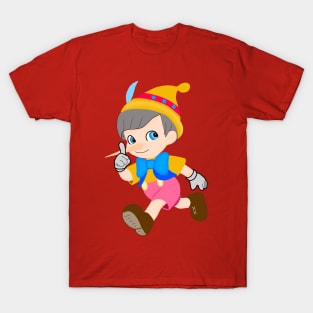 Drawing of a boy dressed like the cartoon Pinocchio, running fun. T-Shirt